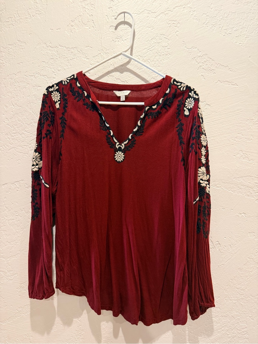 Lucky Brand Wine Red Embroidered V-Neck Long Sleeve Top